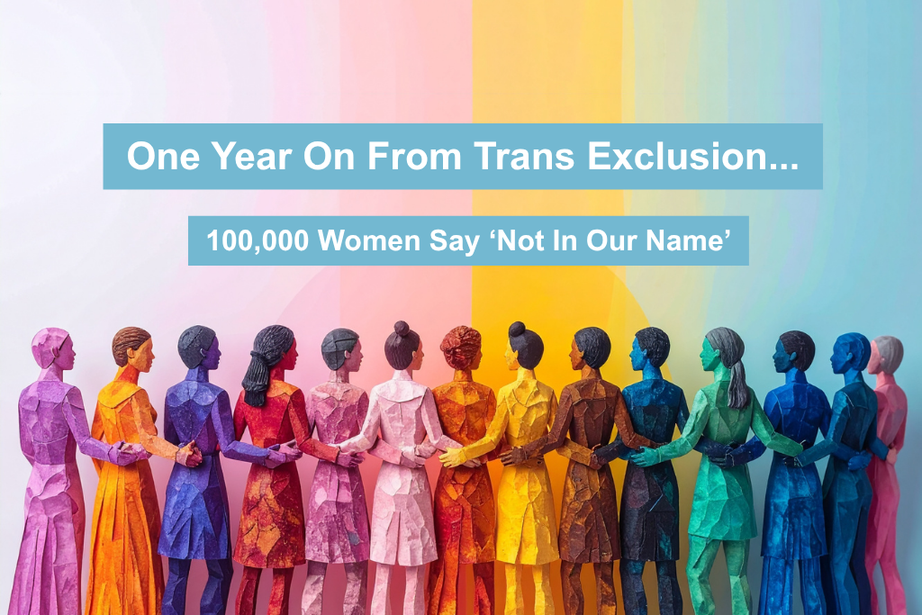 illustation of women. all in brightly coloured clothes, facing away with their arms aorund each others' backs